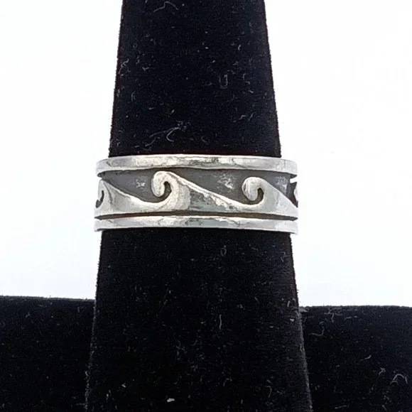 Vintage Sterling Silver Wave Scroll Oxidized Band Ring - Picture 7 of 13